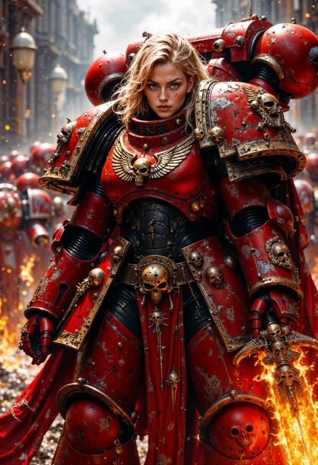 blonde female knight, wearing BloodA40K power armor, and holding a flaming sword <lora:FluxBloodA40K:1> <lora:FluxMythP0rtr4itStyle:0.7>