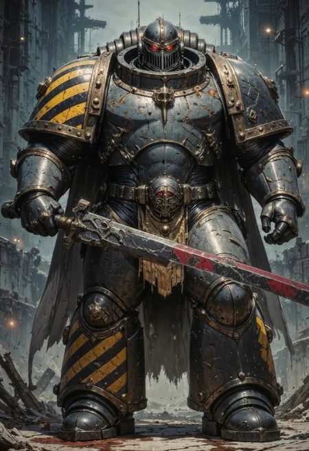 IronW40k. a futuristic armored warrior in a dynamic pose. The character is clad in a heavily armored suit with a metallic finish, predominantly in dark gray with yellow and black striped shoulder pads. The helmet is sleek with a glowing red visor, giving a menacing appearance. The armor is detailed with scratches and wear, suggesting battle use. The warrior wields a large sword, stained with red, possibly indicating blood. The background is blurred, focusing attention on the character, and the ground appears to be a cracked, reflective surface, adding to the dramatic effect.