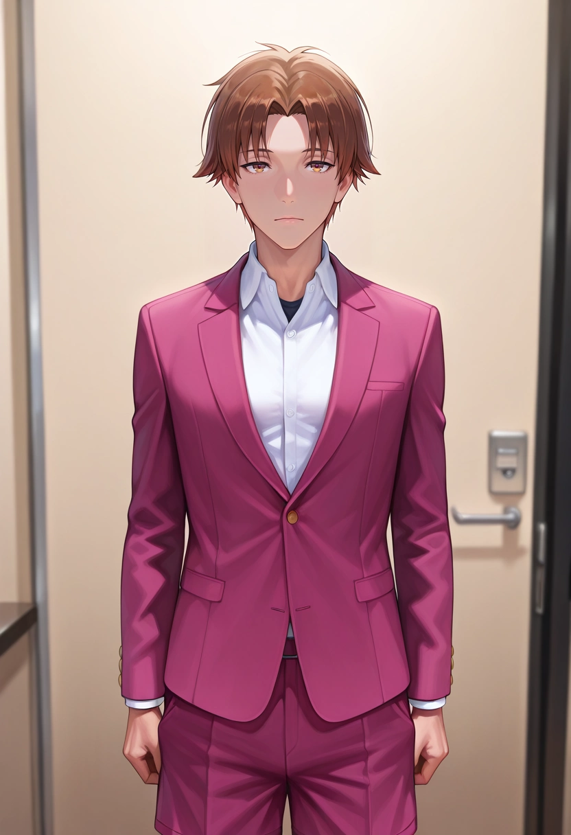 masterpiece, best quality, , (realistic:0.6), looking at viewer, 1boy, solo, male focus, <lora:kiyotaka_ayanokouji_ilxl:0.96>, kiyotaka_ayanokouji, brown hair, brown eyes, short hair, bangs, parted bangs, , , Toile Dark pink Pleated shorts, BlushPink Blazer, , , and