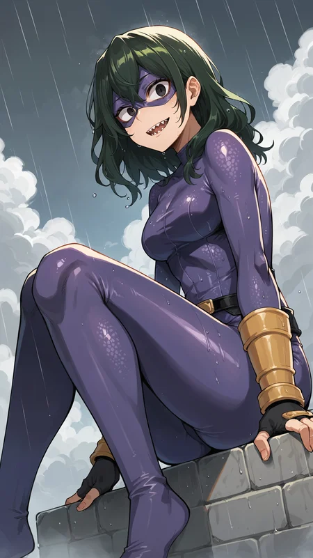 score_9,score_8_up,score_7_up,score_6_up, <lora:xl_more_art-full_v1:0.5>, source_anime, girl, dynamic pose, sitting with elbows on knees, <lora:Setsuna Tokage (Lizardy) - Pony:0.8>, medium hair, green hair, black eyes, purple mask, domino mask, purple bodysuit, skintight, black gloves, fingerless gloves, black belt, yellow armguards, sharp teeth, small scales, cloudy sky, grey sky, rain, wet hair, wet,