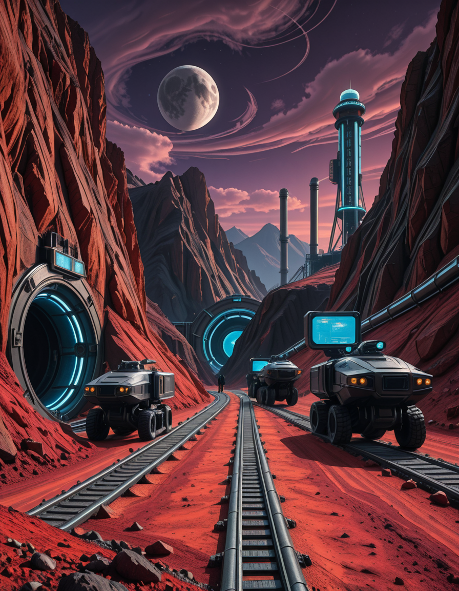A futuristic mining outpost on a distant, rocky planet with a harsh, alien landscape. The mine entrance is a massive, reinforced metal tunnel carved into the side of a jagged, dark-red mountain. Advanced, glowing blue energy lights line the entrance, illuminating the metallic tracks that lead deep underground. Large, heavily-armored mining vehicles with mechanical arms and drills are stationed nearby, extracting rare minerals from the rock. The ground is covered in fine, reddish dust, kicked up by the movement of autonomous robotic drones that transport ore to a towering industrial refinery in the background. The sky is a deep, dark purple with swirling clouds and two distant moons casting a cold, eerie glow. In the distance, futuristic habitation domes with transparent walls house workers in protective exosuits, their silhouettes visible inside. A neon-lit control tower monitors operations, its holographic screens displaying real-time data. The atmosphere is both desolate and technologically advanced, evoking a sense of exploration and survival on the edge of the galaxy.
<lora:SDXLFaeTastic2400:0.4> <lora:extremely_detailed:0.4> extremely detailed,futuristic mining 0utp0st, <lora:futuristic_mining_0utp0st-i:1>, Masterpiece,best quality,hi res,8k,hi res,8k,award winning,(sharp focus, intricate, highly detailed),