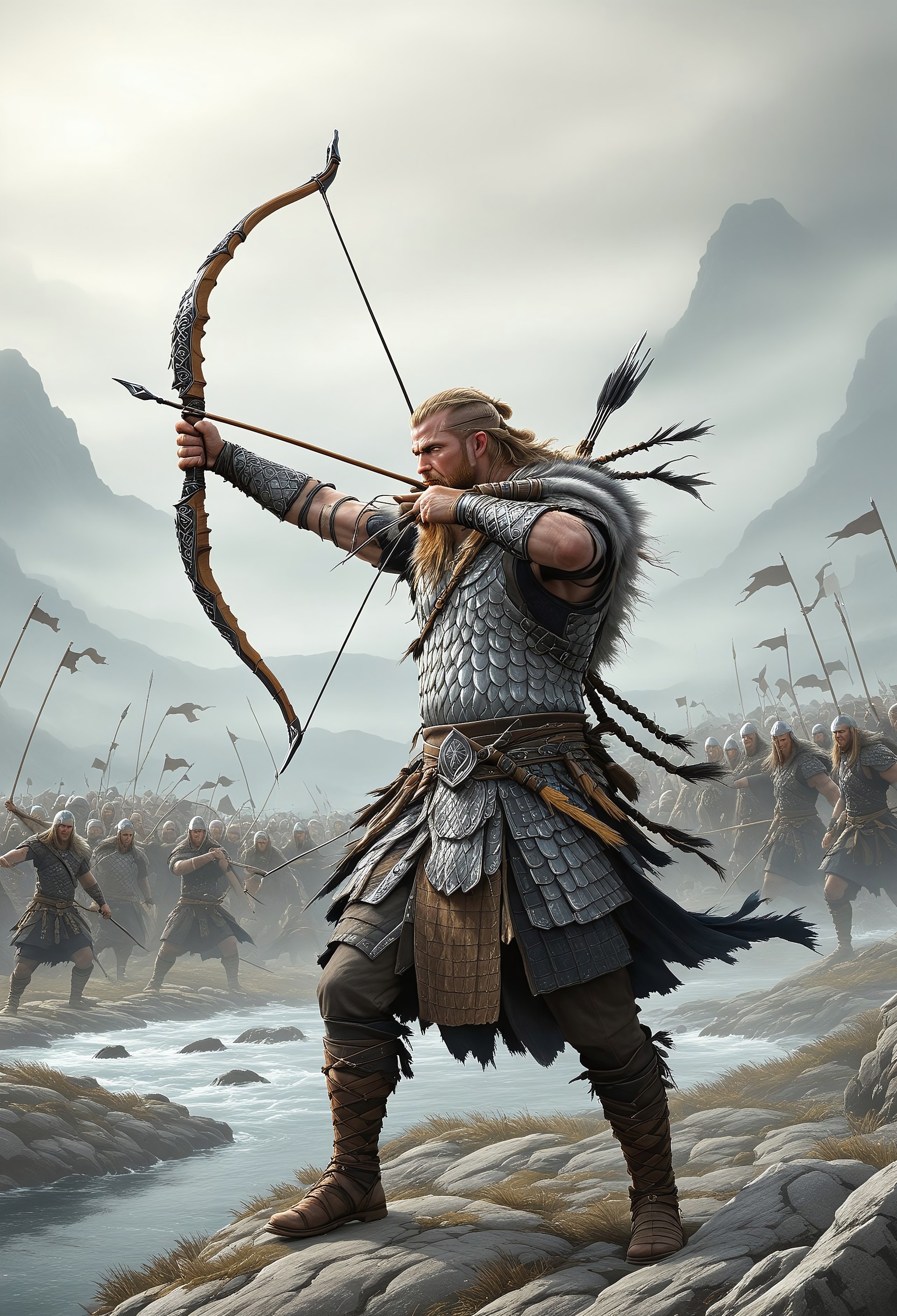 Sinoink VALHERO a viking archer wearing snake holding bow at the battle of ragnarok