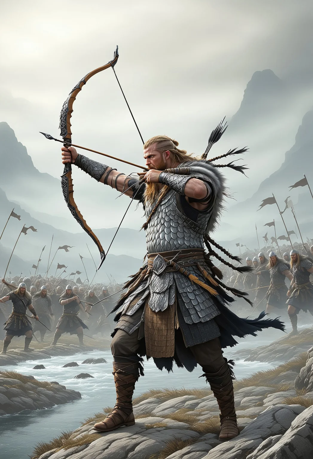 Sinoink VALHERO a viking archer wearing snake holding bow at the battle of ragnarok