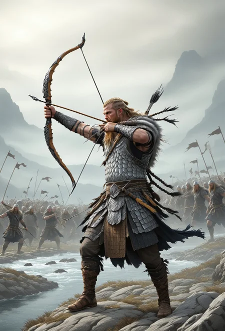 Sinoink VALHERO a viking archer wearing snake holding bow at the battle of ragnarok