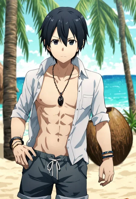 high resolution, solo, best quality, 1Boy, Kazuto Kirigaya, Black Hair, Black Eyes, shallow depth of field, beach, open shirt, shorts, sixpack, necklace, bracelet, coconut tree, OverallDetail