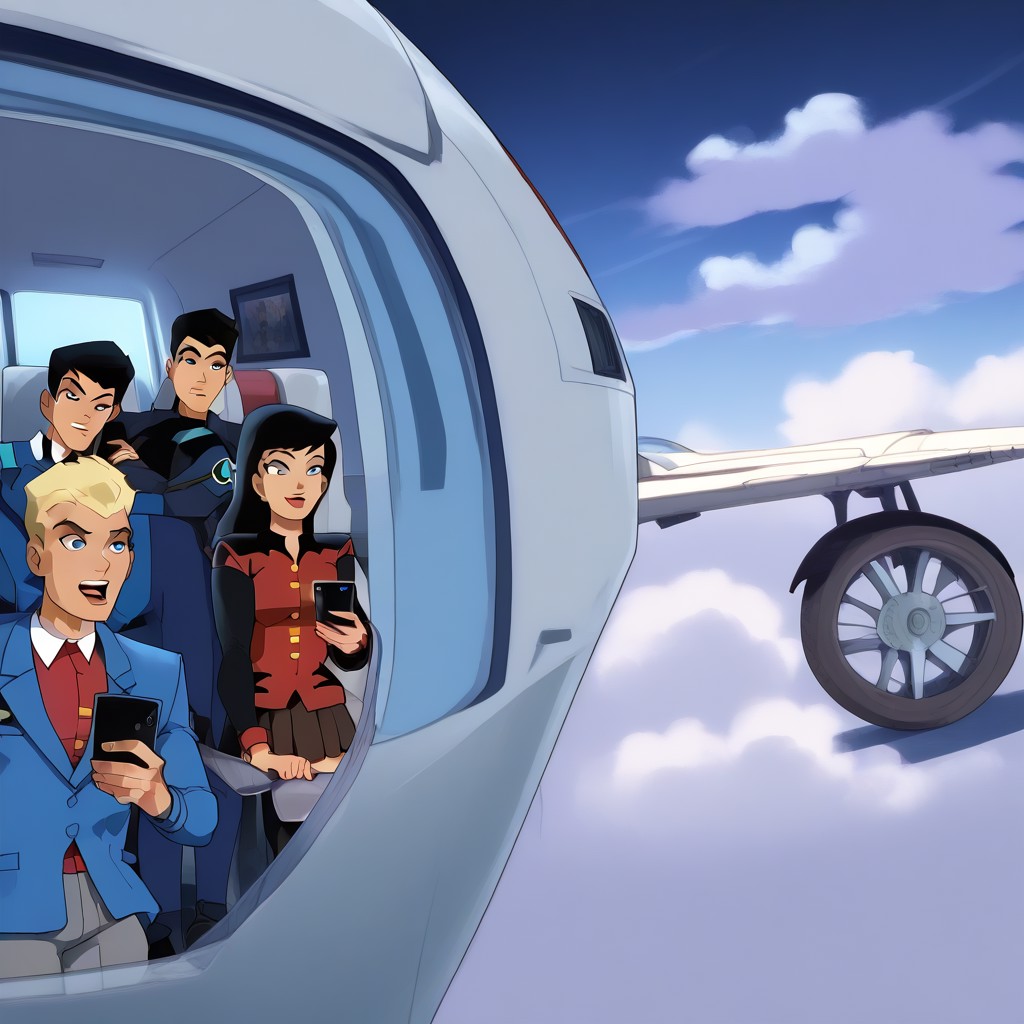 score_9, score_8_up, score_7_up, score_6_up, masterpiece, top-quality, full-color，very detailed, high detailed texture, Clear facial features

Multiple people sat in their seats filming out the window with their phones，(1 girl 3 man)，sit on the seat，Look out of the porthole，Smartphone, (Hold up your smartphone and shoot:1.3)，

lois lane，1girl,long hair，black hair，red suit, pleated skirt, brown skirt,sit down，sit on the seat，Smartphone shooting，<lora:Lois_Lane:0.8>
BREAK
nightwing，1man，black hair，blue eyes，Blue shirt, gray pants，sit down，sit on the seat，Smartphone shooting，<lora:Nightwing:0.6>
BREAK
Jimmy, 1boy，short hair, black hair, black eyes,blue jacket, shirt, jacket, red shirt, long sleeves, pants,sit down，sit on the seat，Smartphone shooting，
<lora:Jimmy:0.7>
BREAK
damian wayne DCAU, 1boy，black hair,  white shirts，black pants, sit down，sit on the seat，Smartphone shooting，<lora:Damian _Wayne_DCAU:0.5>

(In the Clouds:1.3), (Floating in Clouds：1.4)，Near the window of the passenger aircraft