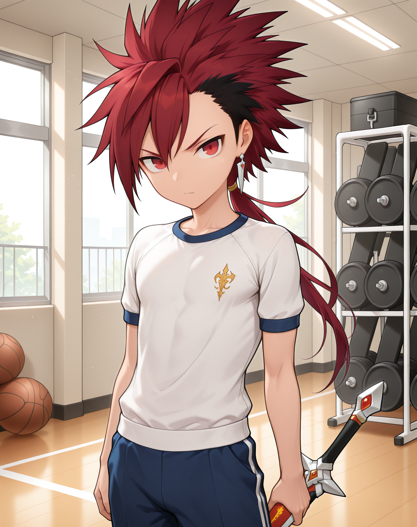masterpiece,best quality,amazing quality, newest, very aesthetic, absurdres,
1boy, solo, yaoi, male focus, looking at viewer, cowboy shot, standing,
<lora:Elsword_Infinity_Sword_ilxl:1>  elswordis, red hair, red eyes, sword, spiked hair, two-tone hair, ponytail, long hair, black hair, multicolored hair,
gym uniform, gym shorts, gym shirt,
indoors, gym,