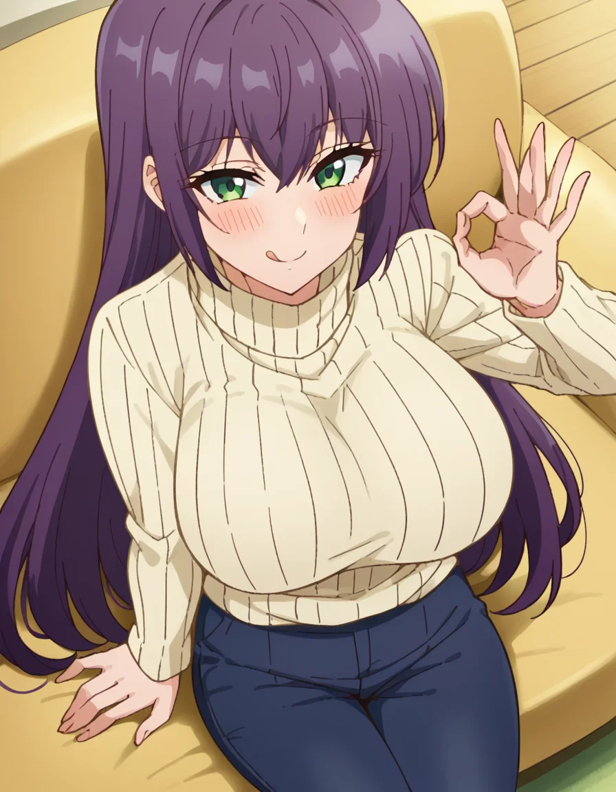 score_9, score_8_up, score_7_up, source_anime, <lora:yutaka-shinozaki-s1-ponyxl-lora-nochekaiser:1>, yutaka shinozaki, long hair, bangs, very long hair, green eyes, purple hair,, large breasts, mature female, long sleeves, pants, sweater, turtleneck, ribbed sweater, turtleneck sweater, blue pants, white sweater, wheat field, golden, harvest, farming, open, smile, <lora:money-gesture-ponyxl-lora-nochekaiser:1>, money gesture, blush, sitting, couch, arm support, smile, tongue out, knee up, from above, looking at viewer, solo,, dutch angle, cowboy shot