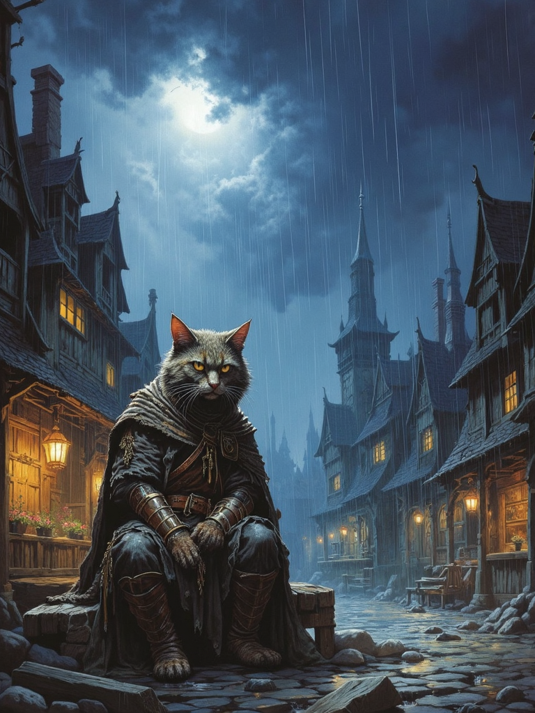 drkfnts style, humanoid tabaxi cat rogue sitting on wooden bench in meedieval town, he is wearing leahter armor with laces belts and rough cloak, rainy night with dark storm clouds on sky,  <lora:sxz-Dark-Fantasy-v2-Flux:1>