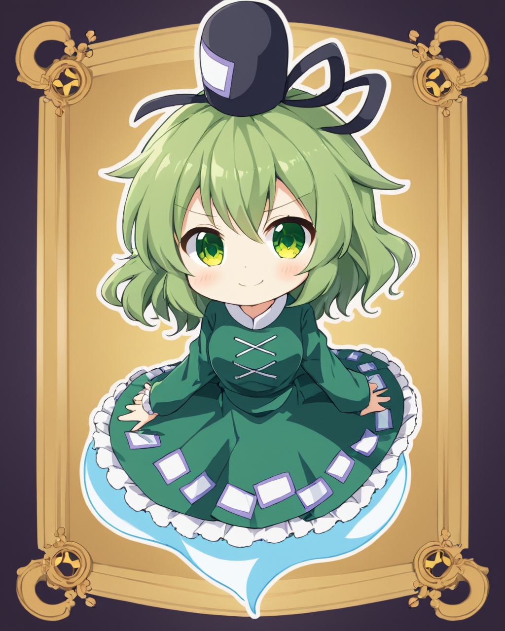 soga no tojiko,1girl, solo, tate_eboshi, green_dress, chibi, ghost_tail, smile, long_sleeves
<lora:soga_no_tojiko_image2295_2023-12-20-000010:1>,star-shaped_pupils,symbol-shaped_pupils,. gorgeous,key visual, vibrant, studio anime,award-winning, professional, highly detailed,high budget, cinemascope