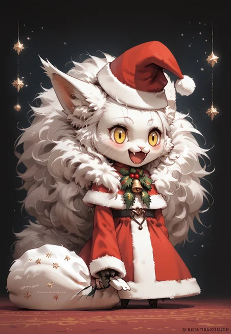 score_9, score_8_up, score_7_up, masterpiece, best quality, zzPadoru, blush, smile, open mouth, meme, holding sack, santa hat, dress,
solo, 1girl, anthro Targath, very fluffy mane, fluffy tail, 