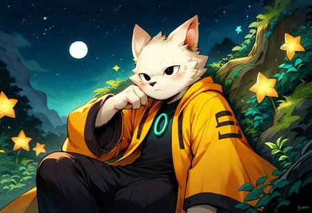 score_9, score_8_up, score_7_up, yi, yellow coat, coat long sleeves, wide sleeves, robe, haori, body suit, white fur, green ring on chest, animal ears, furry, furry male, black eyes, body fur, no mouths, reclining, looking up, cute, outdoors, night, stars, fantasy, eye catching
