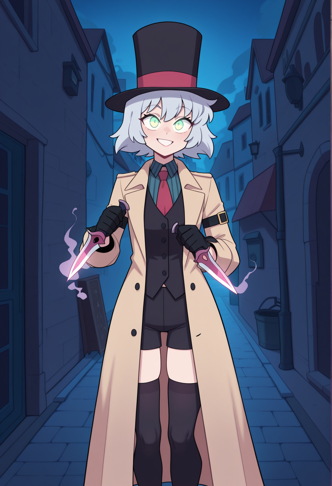 dlh, mist, smoke, top hat, trench coat, 1girl, solo, short hair, grey hair, green eyes, thighhighs, vest, black vest, shirt, striped shirt, vertical-striped shirt, arm belt, necktie, gloves, pants, holding dagger, touching dagger, glowing eyes, grin standing, outdoors, victorian, london, alley, mist <lora:Jack_Illus:1> <lora:Destripando_la_Historia_Style:1> dlh, night, masterpiece, best quality, amazing quality, very aesthetic, absurdres, highres, newest