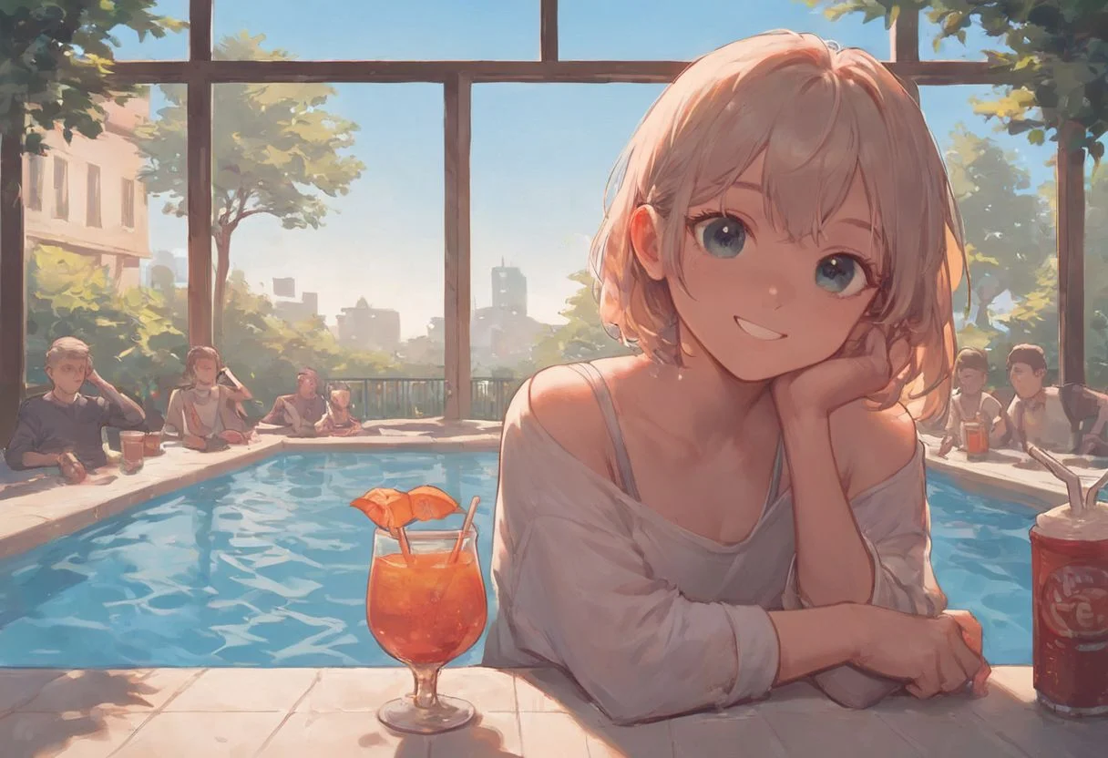 score_9, score_8_up, score_7_up, 1 single little girl, cute face, indoor swimming pool, window and wall, people on background, various colors eyes and hair, smile, looking at viewer, drink