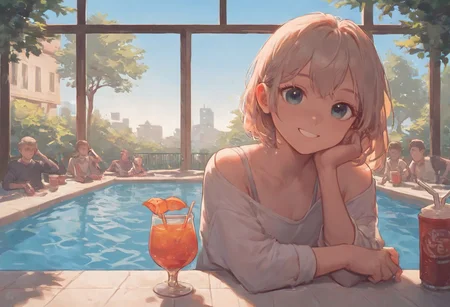 score_9, score_8_up, score_7_up, 1 single little girl, cute face, indoor swimming pool, window and wall, people on background, various colors eyes and hair, smile, looking at viewer, drink