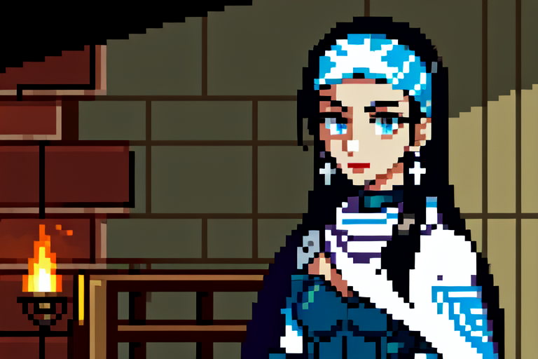 highly insanely detailed, masterpiece, top quality, best quality, highres, 4k, 8k, RAW photo, (very aesthetic, beautiful and aesthetic),  
beth_\(megami_tensei\),bethsmtii,shin megami tensei ii,long hair,black hair,straight hair,sleek black,jewelry,cross,headband,red_lipstick,messian_cross_earrings,cross_earrings,religious_earrings,messian_symbol_jewelry,white cape,cape_with_messian_symbol,Religious_cape,messian_symbol_cape,holy_knight_cape,Blue_dress,armored_corset,blue shirt,bandana_with_messian_symbol,Religious_bandana,symbol_headband,messian_church_bandana,katana,sword,Tokyo_Millennium,post-apocalyptic_city,dystopian_world,Valhalla,gladiator_tournaments,Factory_District,Industrial_zone,mining_site, 
<lora:zs_Beth:1>, 
(1girl:1.3), 1other, 
Bathhouse,Steam-filled chamber with a sunken bathing pool lined with tiles,shelves stacked with aromatic oils and perfumes,woven baskets for towels,flickering oil lamps,and intricate tile mosaics depicting scenes of daily life,pearl white background,âââ