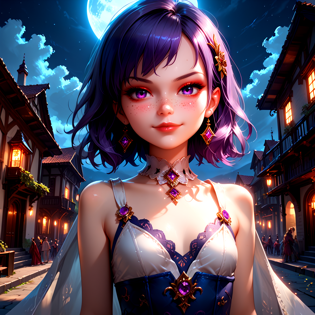 <lora:Fjola-000007:0.5>, Fjola, purple hair, purple eyes, facing viewer, small breasts, gloves, boots, closed mouth smirk,
outside, on the top of a building at night, 
1 girl, cute, (petite), (red lips:0.8), sultry look, seductive,
(Full body shot:0.7),
<lora:detailed_notrigger:1>,
PonyScores7,
<lora:MythP0rtr4itStyle:0.4> mythp0rt,
epic beautiful lighting, god rays, moonlight beams, volumetric lighting, rim lighting, nighttime scene, blue moon,
masterpiece, beautiful and detailed brightness, (goosebumps:0.5), subsurface scattering, ultra realistic, textured skin, visible skin detail, skin fuzz