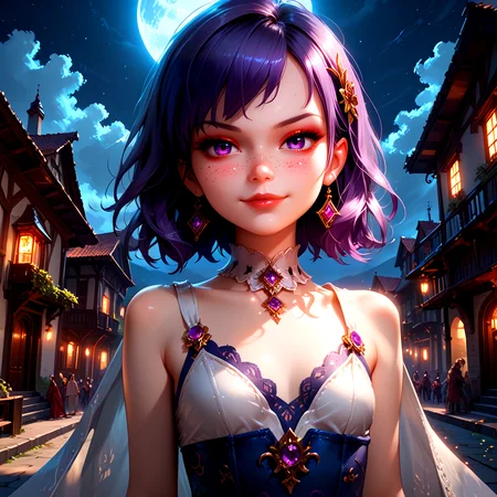 <lora:Fjola-000007:0.5>, Fjola, purple hair, purple eyes, facing viewer, small breasts, gloves, boots, closed mouth smirk,
outside, on the top of a building at night,
1 girl, cute, (petite), (red lips:0.8), sultry look, seductive,
(Full body shot:0.7),
<lora:detailed_notrigger:1>,
PonyScores7,
<lora:MythP0rtr4itStyle:0.4> mythp0rt,
epic beautiful lighting, god rays, moonlight beams, volumetric lighting, rim lighting, nighttime scene, blue moon,
masterpiece, beautiful and detailed brightness, (goosebumps:0.5), subsurface scattering, ultra realistic, textured skin, visible skin detail, skin fuzz