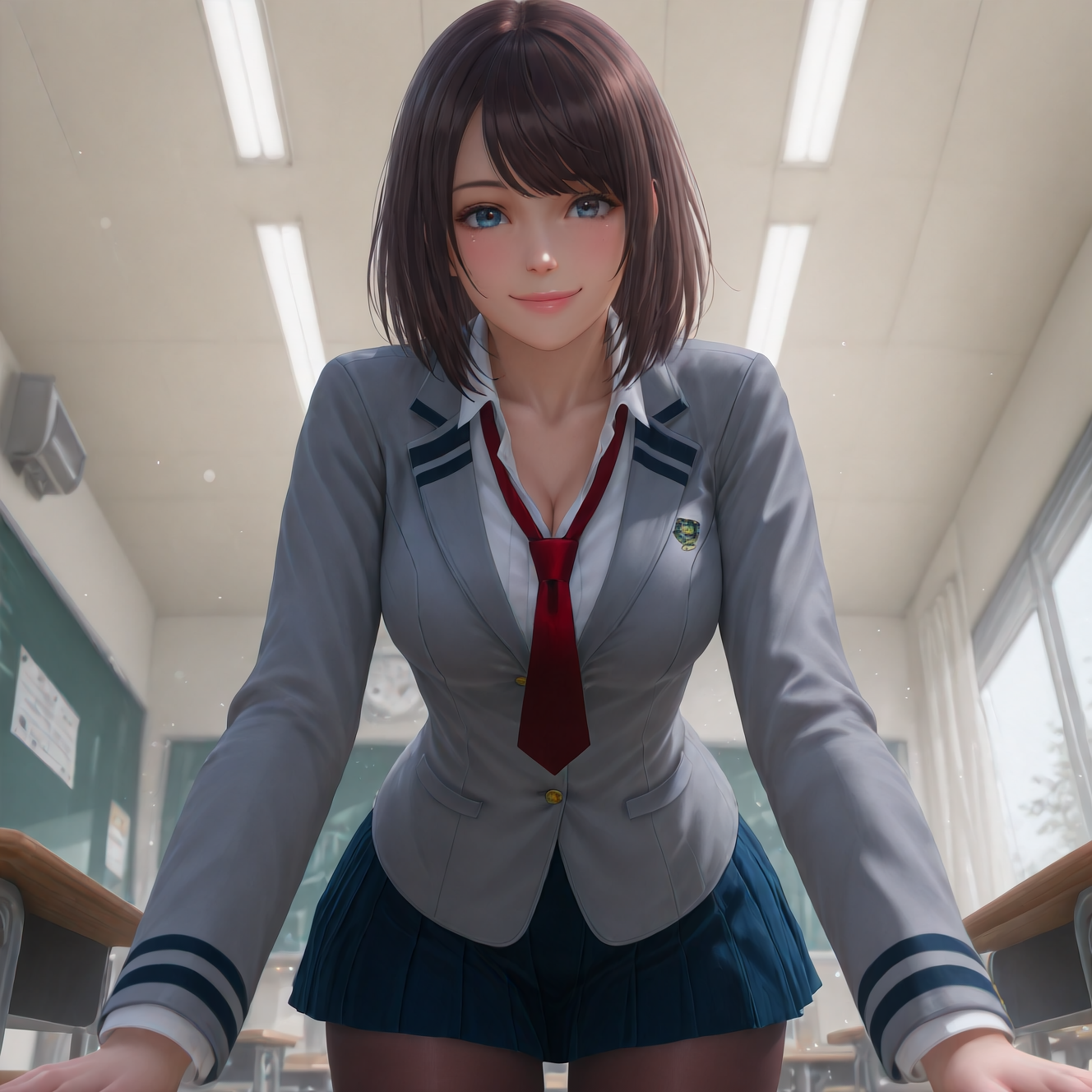 (masterpiece, best quality,from below:1.3),absurdres,realistic,(looking at viewer, collarbone,),(shiny_eyes,sparkling_eyes,smile,:1.2),
Annie02,1girl,necktie,solo,skirt,school uniform,red necktie,jacket,grey jacket,long sleeves,pleated skirt,blue skirt,shirt,brown hair,blazer,white shirt,collared shirt,buttons,swept bangs,medium hair,blue eyes,pantyhose,
cleavage,medium breasts,bouncing breasts,classroom,<lora:aidmaImageUpgrader-v0.3-IL:0.6>,<lora:Annie02(IL):0.85>,