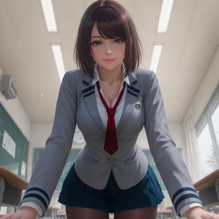 (masterpiece, best quality,from below:1.3),absurdres,realistic,(looking at viewer, collarbone,),(shiny_eyes,sparkling_eyes,smile,:1.2),
Annie02,1girl,necktie,solo,skirt,school uniform,red necktie,jacket,grey jacket,long sleeves,pleated skirt,blue skirt,shirt,brown hair,blazer,white shirt,collared shirt,buttons,swept bangs,medium hair,blue eyes,pantyhose,
cleavage,medium breasts,bouncing breasts,classroom,<lora:aidmaImageUpgrader-v0.3-IL:0.6>,<lora:Annie02(IL):0.85>,