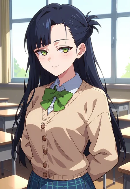 score_9, score_8_up, score_7_up, anime screencap, source_anime, 1girl, solo,
<lora:Shigure_Yukimi_Seraph_of_the_End_V1:.85>, KJOshigure, green eyes, black hair, long hair, asymmetrical bangs, 
collared shirt, beige cardigan, plaid skirt, bow,
looking at viewer, half-closed eyes, seductive smile, standing, arms behind back,
classroom, indoors,
(Beautiful, medium Breasts:1.2),
