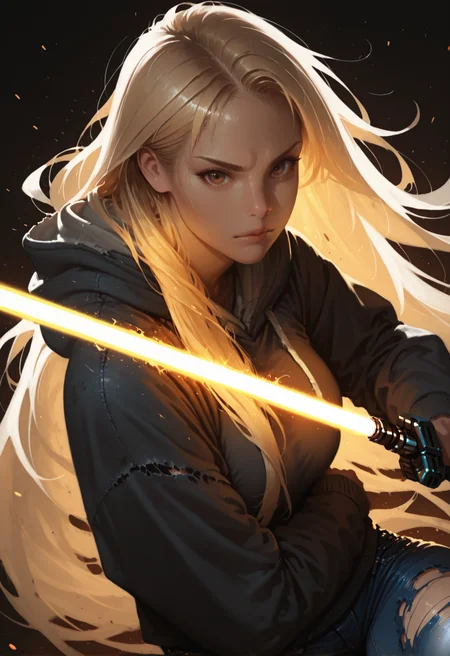 1girl, lightsaber, long hair, blonde hair, solo, energy sword, weapon, hood, sword, hoodie, denim, holding, , brown eyes, torn clothes, looking at viewer, torn pants, very long hair, holding weapon, jeans, holding sword, hood down, pants, dark background, long sleeves, upper body, fighting stance
, .<lora:11Ri-MIX_a2-000013:1> rimixa, masterwork, masterpiece, best quality, dynamic lighting , dynamic pose,, dynamic angle, , , , (lineless), detailed, <lora:Detailer_NoobAI_Incrs_v1:0.5>, , depth of field, dynamic lighting, blurry, cheekbones, aged up, (realistic:1.2)
<lora:zy_illustrious_Realism_Enhancer_v1:0.25>