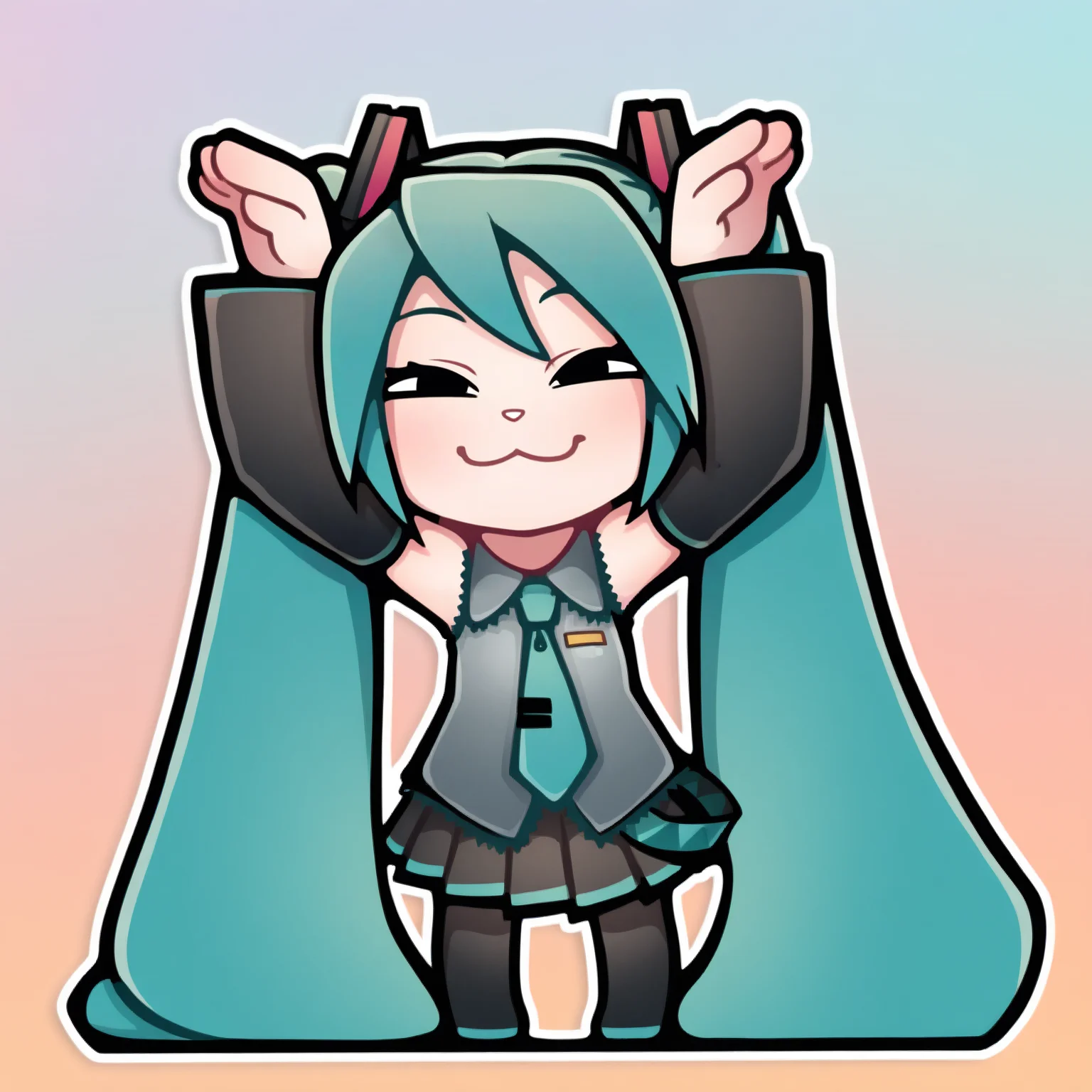 sticker, colorful, outline, chibi,
masterpiece, best quality, very aesthetic, absurdres,
1girl, solo, hatsune miku, aqua hair, bunny pose, :3, smug, detached sleeves, standing, twintails, very long hair, pleated skirt, necktie, <lora:StickerNoobLocon_byKonan:1>