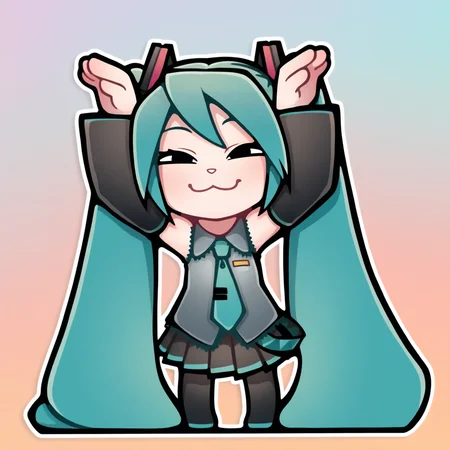 sticker, colorful, outline, chibi,
masterpiece, best quality, very aesthetic, absurdres,
1girl, solo, hatsune miku, aqua hair, bunny pose, :3, smug, detached sleeves, standing, twintails, very long hair, pleated skirt, necktie, <lora:StickerNoobLocon_byKonan:1>