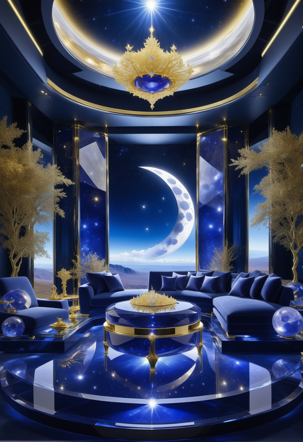 made out of reij-strsphr, landscape of a [Holographic Lounge|Quantum Data Processing Center], Moon in the night, Peaceful, tranquil, masterpiece, UHD, sharp and in focus, <lora:stardustsapphire-000006:1>, cool colors, sublime, luxury, fertile, delicate, elegant, luxurious, glowing