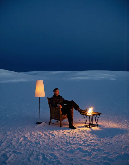 This photograph captures a solitary individual sitting in a wooden armchair, positioned centrally in a vast, snowy landscape under a twilight sky. The person, dressed in a dark coat and black pants, appears to be a middle-aged man with short, dark hair. He is seated with his legs stretched out, facing a small, square-shaped metal table on the right side of the image. The table is lit by a small fire, which emits a bright, orange flame and casts a warm glow on the snow around it. To the left of the man, a tall, white floor lamp with a beige, conical shade stands, casting a soft, diffused light that contrasts with the harsher light from the fire. The ground is covered in a thick layer of undisturbed snow, creating a serene, almost ethereal atmosphere. The sky is a deep blue, transitioning to a lighter shade near the horizon, indicating the approaching night. The overall mood of the photograph is contemplative and slightly surreal, blending elements of solitude and warmth against a cold, expansive backdrop. The image is rich in texture, with the smooth, reflective snow contrasting with the rough, wooden textures of the chair and table.