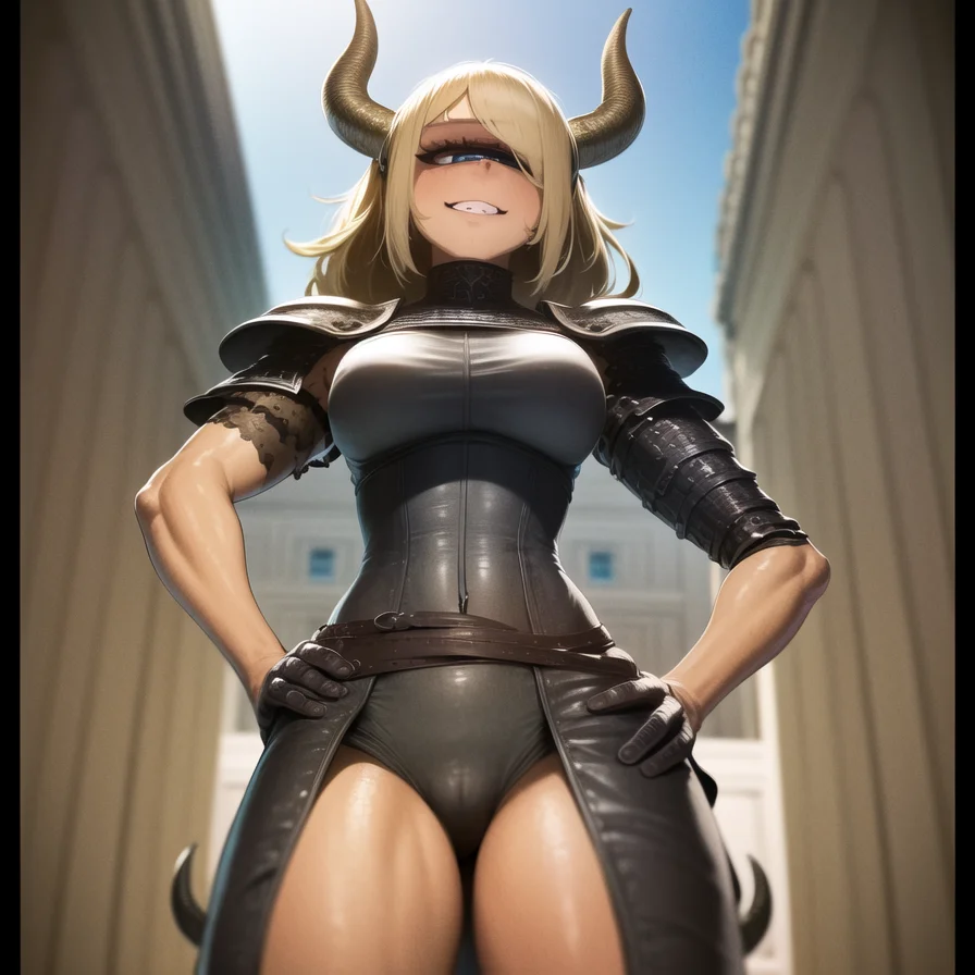 masterpiece, best quality, ultra-detailed, illustration, Solo, 1girl, (one eye:1.2), (cyclops:1.1), absurdly blond hair, Blue eyes, horns, shiny knight armor, medieval, fantasy armor, castle, cowboy shot, smirk, hands on hips, from below