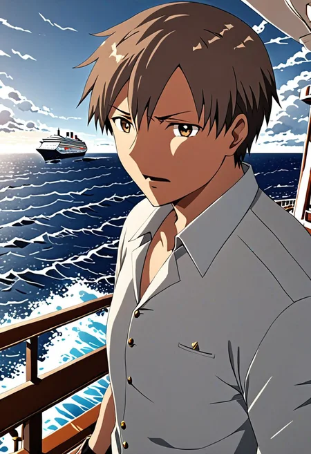 high resolution, solo, best quality, 1Boy, Takaki Toono, Brownish Hair, Brown Eyes, sea, bow cruise ship, stong wind, ocean, OverallDetail