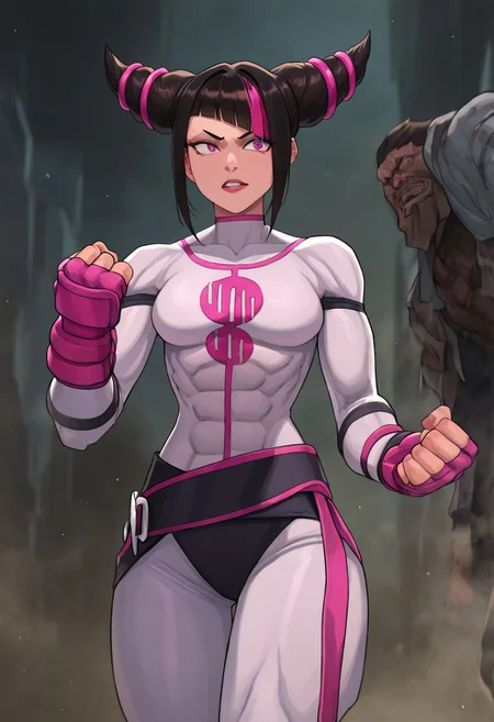 masterpiece, best quality, newest, absurdres, highres, anime, anime style, solo, solo focus,
VILTFit-V1.0-Withemblem, VILTemblem-V1.0, bodysuit, white bodysuit,
1girl, han juri /(street_fighter/), two-tone hair, black hair, multicolored hair, hair horns, asymmetrical bangs, abs,