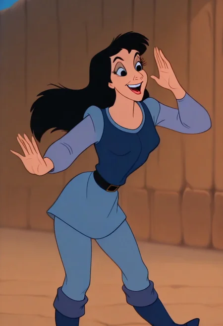 DukeIgthorn, retro artstyle, solo, black hair, long hair, long eyelashes, black eyes, light blue sleeves, long sleeves, light blue pants, blue tunic, dark blue boots, black buckle belt, smile, open mouth, masterpiece, best quality, sensitive, 1girl, solo, looking at viewer, (dynamic pose:1.4), standing, female body, genderswap (mtf), genderswap, retro artstyle, gender transformation