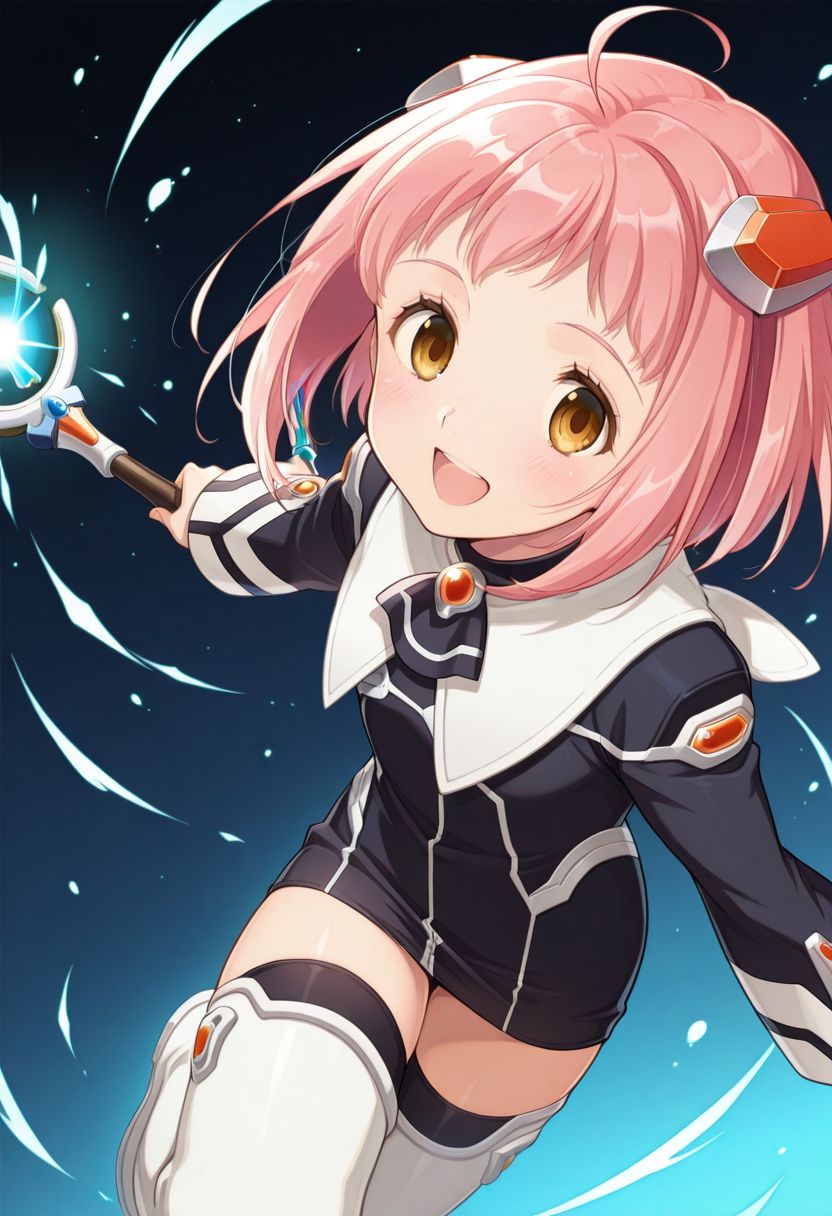 detailed eyes, beautiful, detailed background, perfect eyes,
source_anime, very aesthetic, anime coloring, masterpiece, official art,
<lora:HandFineTuning_XL:1>
BREAK,
dark blue background, gradient background, action effect, magic particles,
flat chest, blush, cowboy shot, dynamic angle, from above,
open smile, holding wand,  dynamic pose, standing on one leg,
BREAK,
<lora:momo100Series_illustriousXL_v02:0.95>
x1momo, pink hair, short hair, hair ornament, ahoge, brown eyes, hair ornament,
black dress, short dress, long sleeves,
white thigh boots