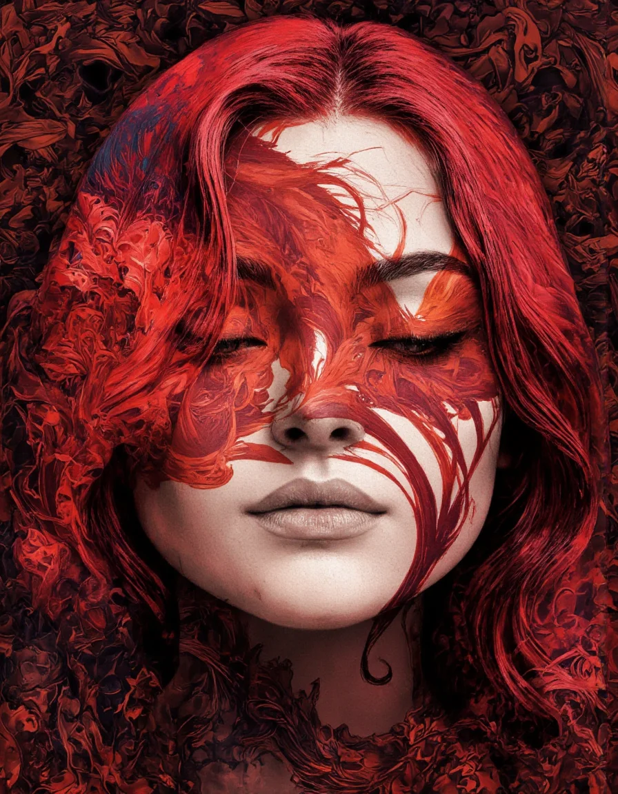 Art by Juan Brufal.
A highly detailed, surreal digital painting featuring a woman's face with striking, ethereal qualities. The artwork is a digital illustration with a blend of realistic and fantastical elements. The woman's face is the central focus, with vibrant, flowing red hair cascading down her shoulders. Her eyes are closed, and her face is serene, with a subtle, almost ethereal glow. The hair transitions into an intricate, swirling pattern that blends seamlessly with the background.