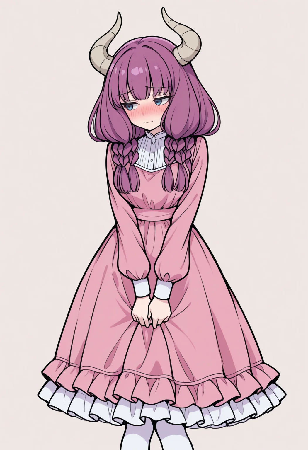 masterpiece, best quality, 1girl, solo, 4ura, purple hair, blue eyes, horns, long hair, twin braids, lineart, sketch, traditional media, flat color, anime coloring, frills, frilled dress, pink dress, long sleeves, frilled skirt, long dress, white pantyhose, pulling own clothes, shy, embarrassed, averting eyes, nose blush, looking to the side, simple background, <lora:ChamAuraIllustriousXL:1>