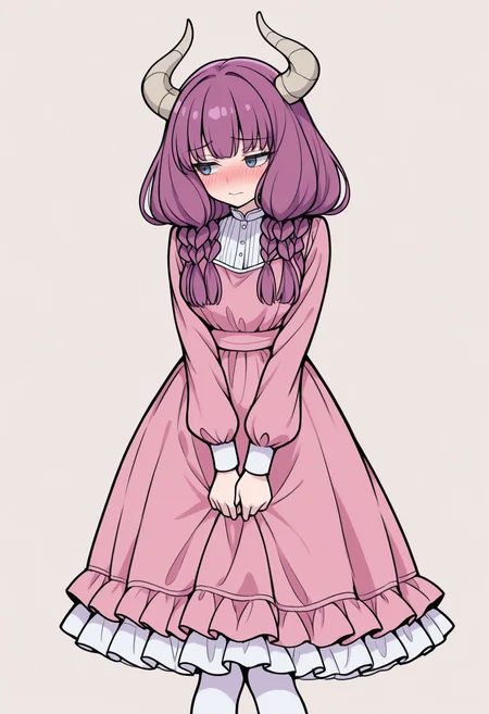 masterpiece, best quality, 1girl, solo, 4ura, purple hair, blue eyes, horns, long hair, twin braids, lineart, sketch, traditional media, flat color, anime coloring, frills, frilled dress, pink dress, long sleeves, frilled skirt, long dress, white pantyhose, pulling own clothes, shy, embarrassed, averting eyes, nose blush, looking to the side, simple background, <lora:ChamAuraIllustriousXL:1>