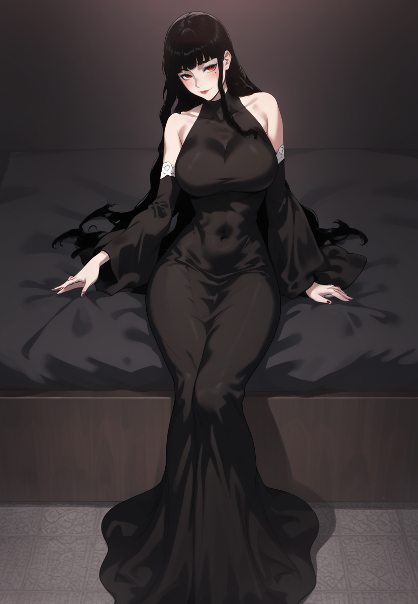 zPDXL3, score_9_up, score_8_up, score_7_up, (Anime_source),Masterpiece,(perfect female body:1.2), small waist,(incredibly detailed:1.4), slim, beautiful fingers, beautiful white skin, Beautiful clear skin, perky breasts, looking at viewer, ass, perfect ass, (large breasts:1.3) (huge breasts:1.1)  <lora:Alisha_-_The_Priest_of_Corruption_Kaleid_PONY:0.8> alisha, 1girl, black hair, long hair, red eyes, bangs, mole under eye, thick thighs, black dress, long dress, covered navel, sitting,