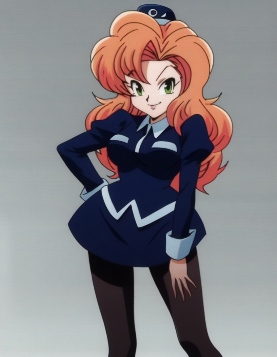 <lora:Coco Loo:1>, coco loo, SOLO, standing, smile, blue uniform, black tights, simple background
