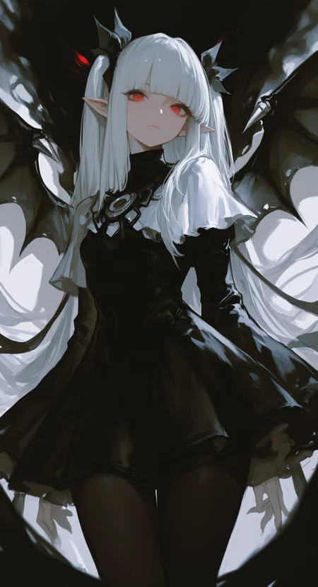 masterpiece, best quality, good quality, very awa, very aesthetic, absurdres, newest, a-bao a qu the lightless shadow, bat wings, black dress, black pantyhose, black ribbon, blunt bangs, dress, duel monster, long hair, pantyhose, pointy ears, red eyes, ribbon, white hair, wings <lora:ponyv6_noobV1_2_adamW-000017:0.7> <lora:USNR_STYLE_XL_lokr:0.45> <lora:EtherSDXL:0.15> <lora:745cmSDXLvpred75S:0.6>