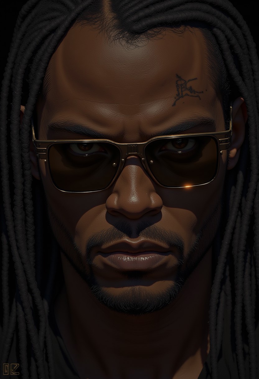 A (closeup portrait) of a 26 year old African american man. He has long black hair in dread locks.  He has square frame sunglasses on with dark lenses. He has a short beard. A hint of anger across his face. There is a scar over his left eye