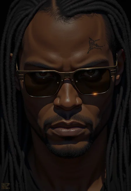 A (closeup portrait) of a 26 year old African american man. He has long black hair in dread locks.  He has square frame sunglasses on with dark lenses. He has a short beard. A hint of anger across his face. There is a scar over his left eye
