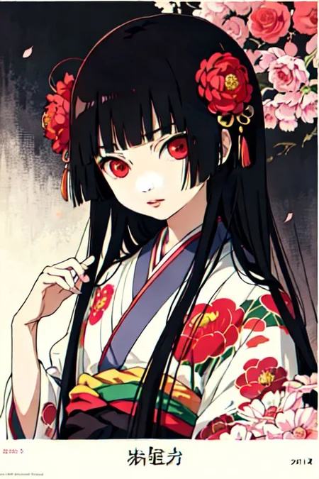 enma ai, hair down, hair black, bangs, eyes red, masterpiece, best quality, ultra-detailed, illustration, 1girl, solo, highres, photorealistic, ultra high res, (Original illustration composition), (fusion of limited color,Maximalism artstyle, kimono obi fashion, double exposure, background, illustration, Amazing, lily spider, night darkness, open one's mouth, middle finger show, bouquet flowers red, low twintails, (polychromatic peony:1.15), Movie poster,