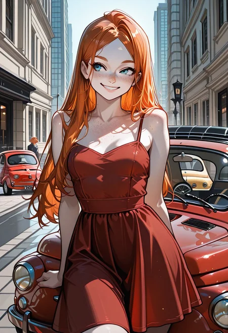 masterpiece, best quality, 32k, high resolution, absurdres, dynamic lighting, HD32k, masterpiece,fiat 500, fiat500, Ginger, GingerRH, Very long ginger hair, straight hair, parted bangs, freckles, chest freckles, blue eyes, pale skin, small breasts, , red dress, vintage dress, leaning next to the car, outdoor, street, city, fiat500, red car, car, front view, smiling,