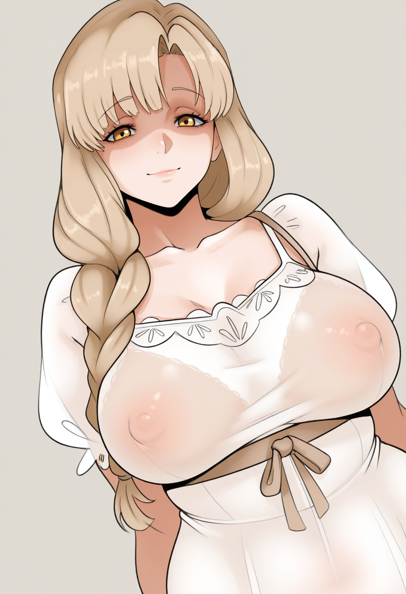 masterpiece, best quality, <lora:sunnysundown:1> s0nn1s0nd0wn,, 1girl, solo,
Dutch angle
looking at viewer, light smile,
macrophage \(hataraku saibou\) long hair, braid, ponytail, light brown hair, brown eyes, yellow eyes, 
white camisole, see-through clothes, covered nipples,
simple background, Gray  background,