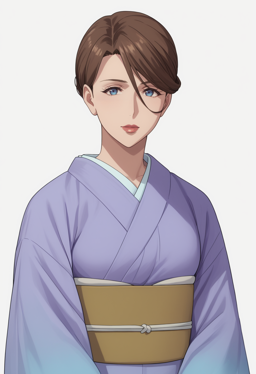 score_9, score_8_up, score_7_up, source_anime, white white background, looking at viewer,   BREAK, 1girl, solo,   <lora:DX888YumikaRaiha:1>,sakuraba yumika, brown hair, blue eyes, mature female, hair bun,  purple kimono, lips
