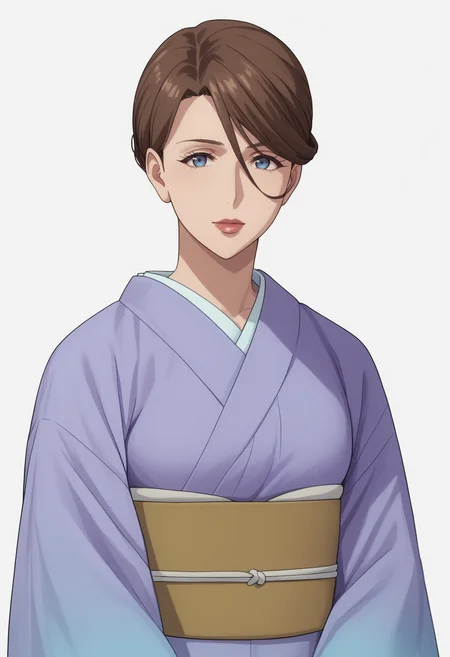score_9, score_8_up, score_7_up, source_anime, white white background, looking at viewer,   BREAK, 1girl, solo,   <lora:DX888YumikaRaiha:1>,sakuraba yumika, brown hair, blue eyes, mature female, hair bun,  purple kimono, lips