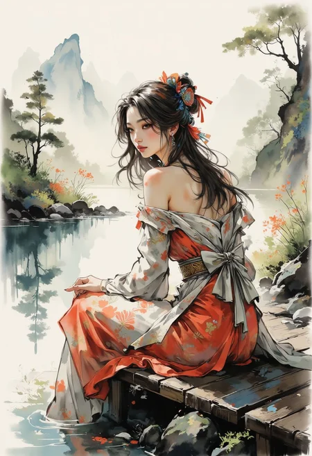 side portrait, shuimo, A dinkfsn style ink wash painting, crisp lines and delicate shading, intricate linework with expressive contrasts, soft lighting with dynamic highlights, neo-noir portrait, young Asian woman in a summer dress, long loose hair, sitting at the end of a jetty on tranquil mountain lake, with mountains in the background