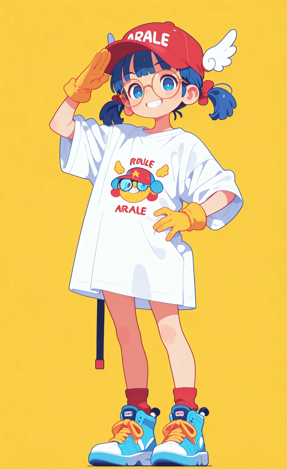 masterpiece,best quality,amazing quality,
Arale,
1girl, solo, looking at viewer, smile, short hair, blue eyes, simple background, shirt, gloves, hat, twintails, standing, blue hair, white shirt, full body, short sleeves, shoes, socks, glasses, grin, arm up, hand on own hip, sneakers, t-shirt, short twintails, yellow background, red headwear, baseball cap, clothes writing, round eyewear, blue footwear, salute, print shirt, oversized clothes, yellow gloves, winged hat, red socks, oversized shirt, haiz_ai, in the style of cknc,
Flatline, Flat vector illustration <lora:ponyv6_noobE11_2_adamW-000017:0.3> <lora:checkpoint-e18_s306:1.5> <lora:ck-nc-cyberpunk-IL-000011:0.6> <lora:haiz_ai_illu:0.7>